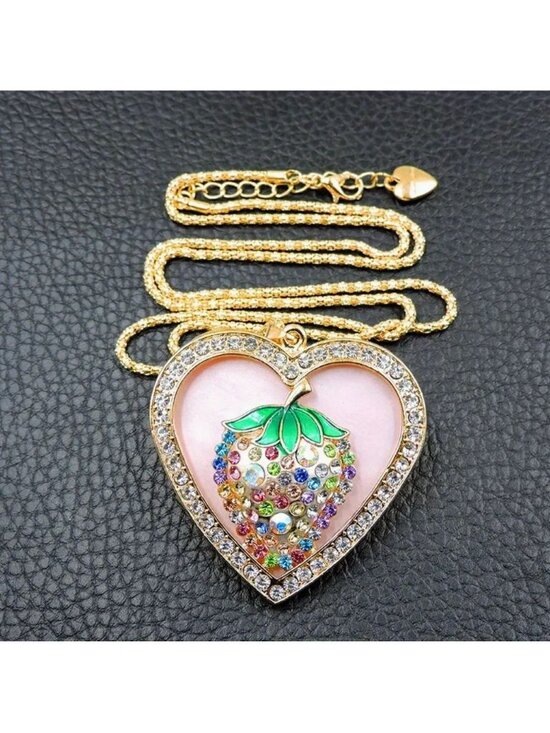 Jewelry - Betsey Johnson Necklace Pink Strawberry Iridescent Crystal Pendant Gold Tone
